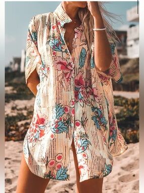 Cupshe Floral Button Down Shirt Cover Up Boho Beach Top